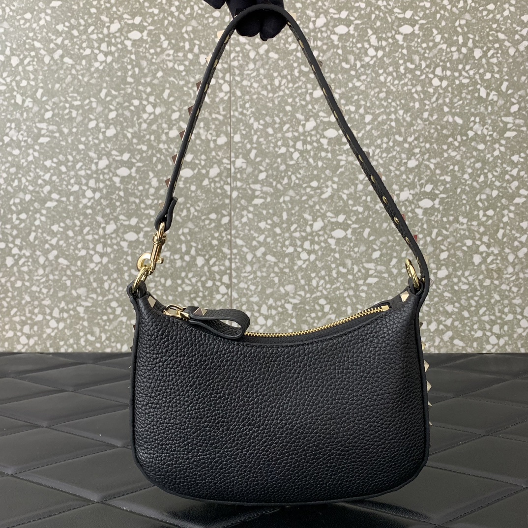 Valentino Garavani Rockstud Mini Hobo Bag in Black Grainy Calfskin